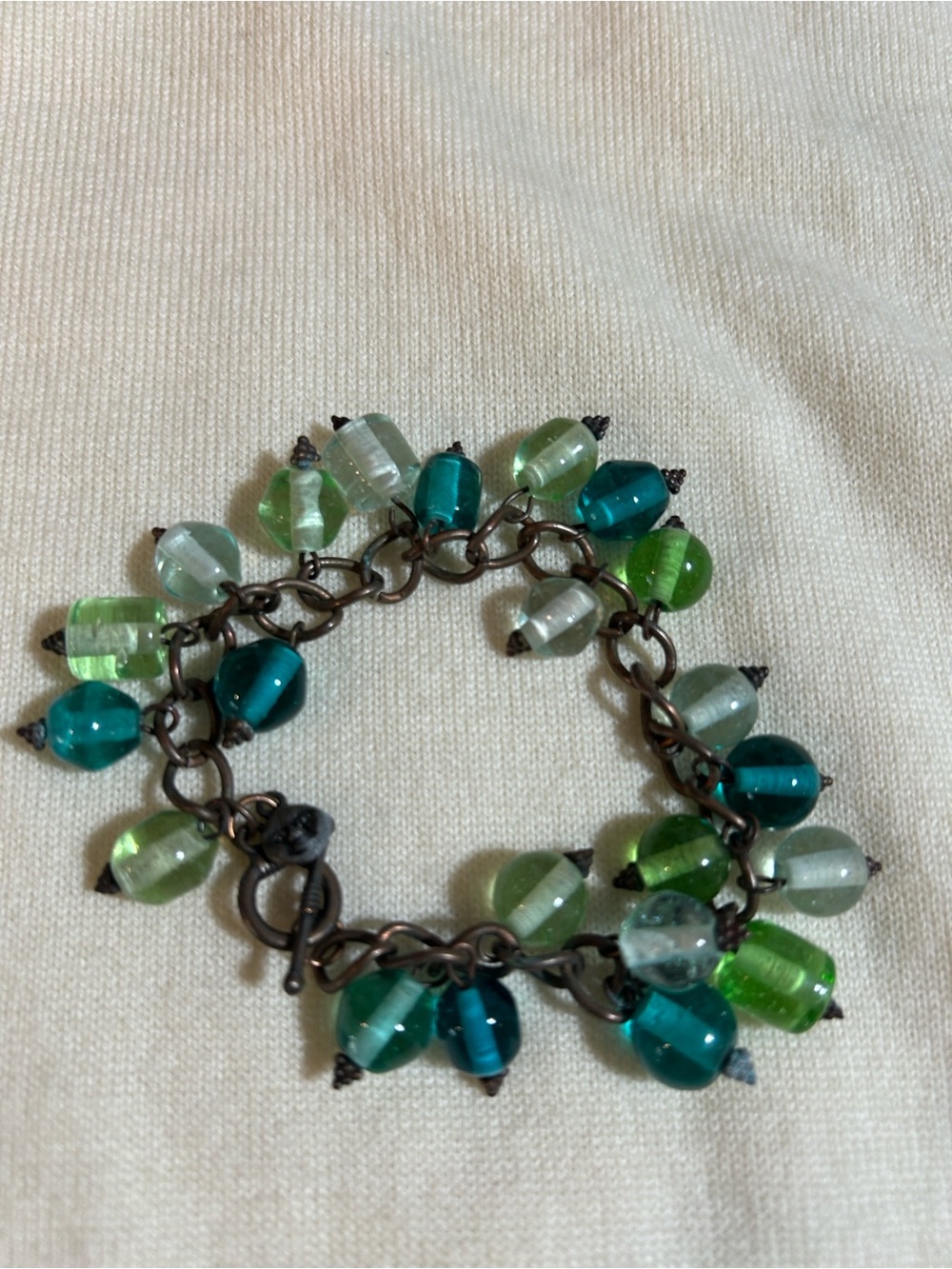 Glass Bead Charm Bracelet - Teal & Light Green